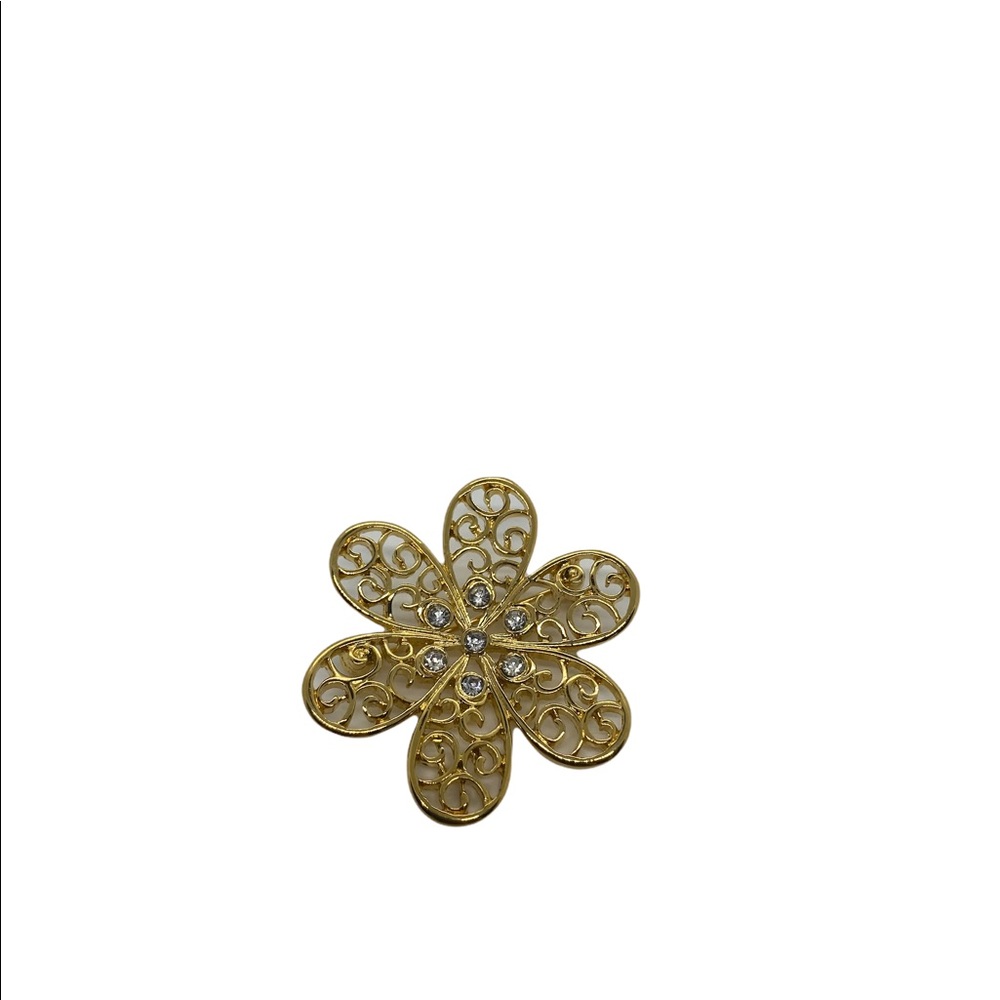 Vintage TRIFARI TM Gold Tone Filigree Rhinestone Flower Signed